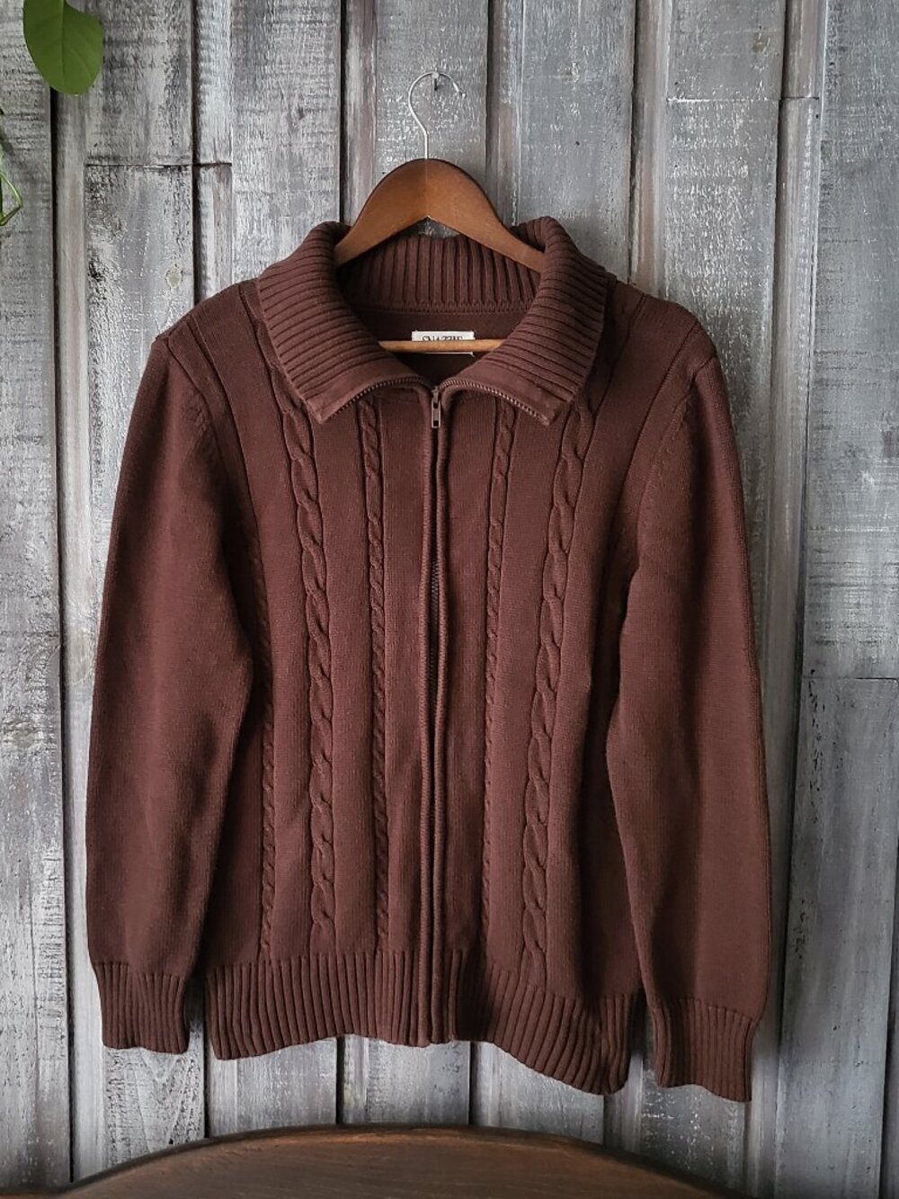 Brown Cable Knit Full Zip Cardigan Sweater Cotton M